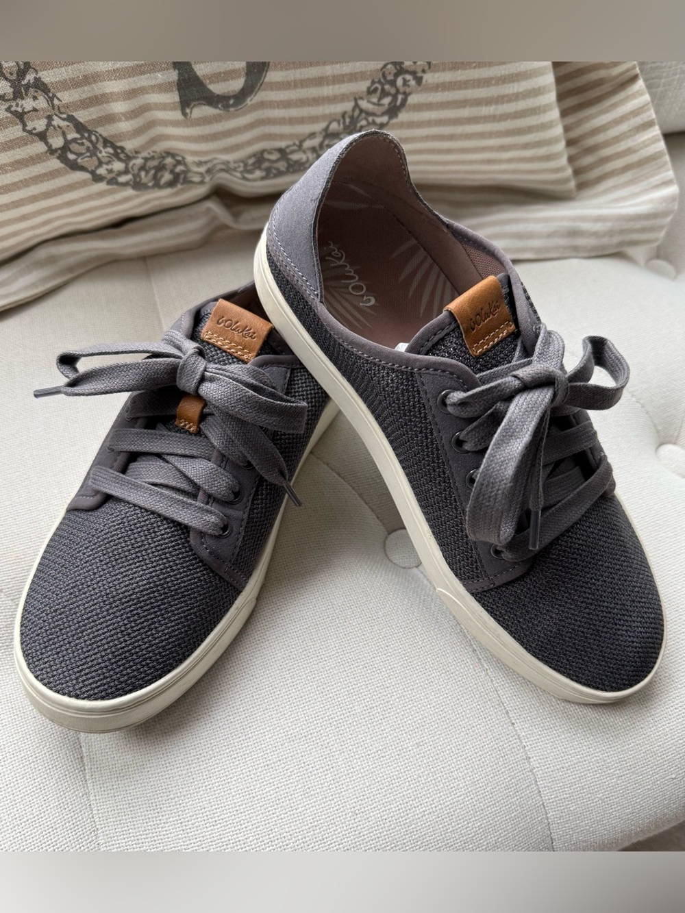 OluKai Charcoal Knit Sneakers with Tan Accents